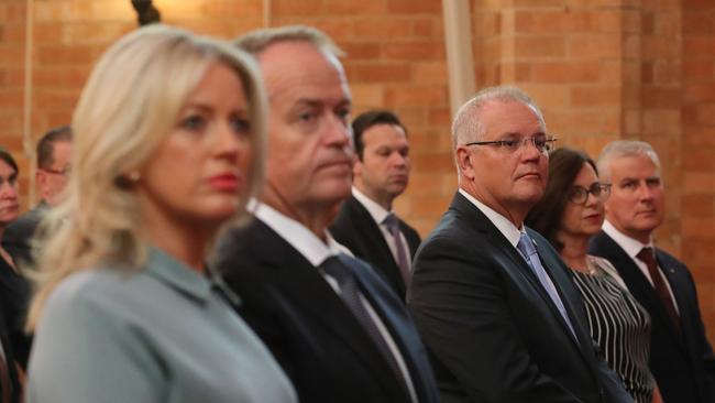 Bill Shorten, wife Chloe and PM Scott Morrison attend the church service today for the start of the parliamentary year in Canberra. Picture Kym Smith