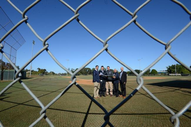 Manager of International Baseball Operations Gio Hernandez, Lismore City Council's general manager Gary Murphy, director of International Baseball Operations Chris Haydock, Lismore MP Thomas George, and chief operating officer of Baseball Australia Justin Drew. Picture: Cathy Adams