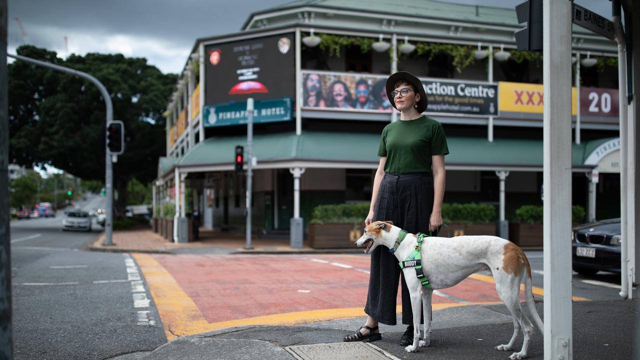 Greens MP Amy MacMahon back at the scene of her car accident with her dog Buddy. Picture: David Kelly