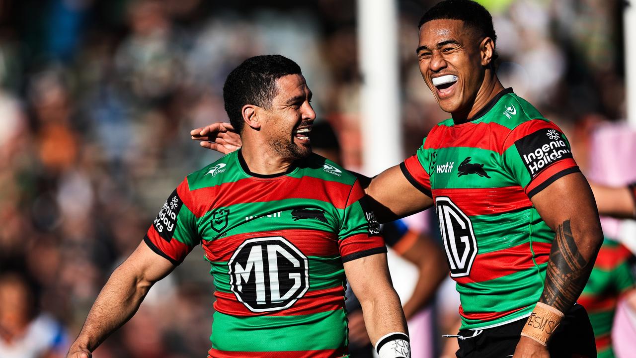 GOSFORD, AUSTRALIA – JULY 20: Cody Walker of the Rabbitohs (L) celebrates scoring a try during the round 20 NRL match between South Sydney Rabbitohs and Wests Tigers at Industree Group Stadium, on July 20, 2024, in Gosford, Australia. (Photo by Mark Evans/Getty Images)