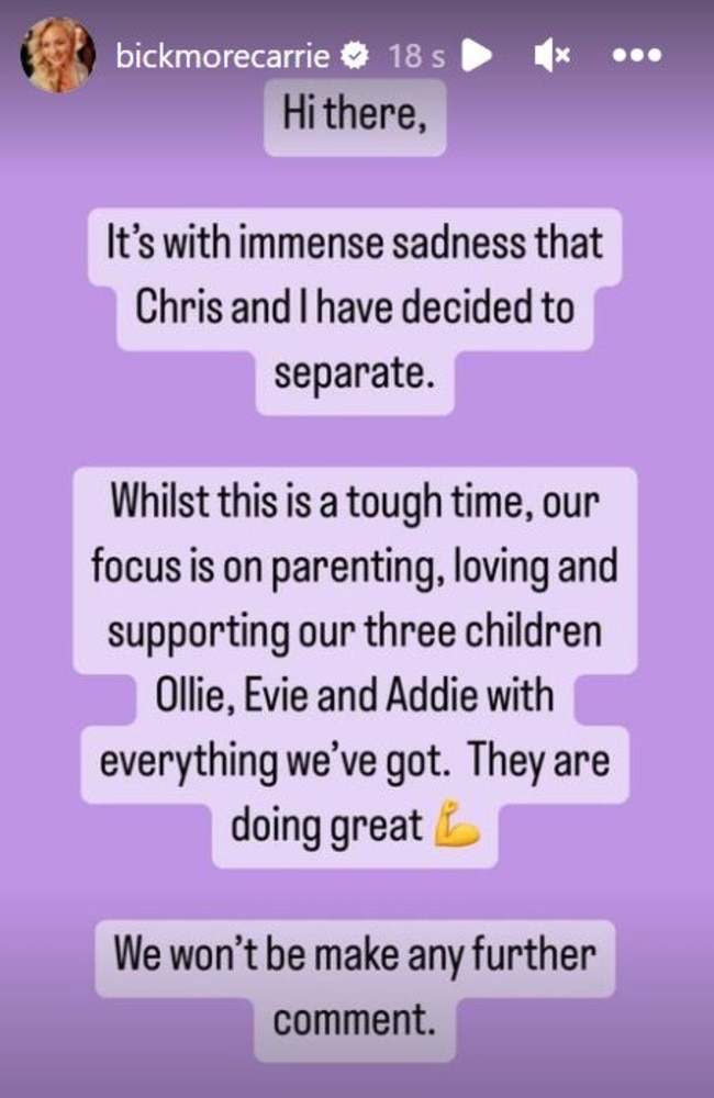 Carrie and Chris announced their shock separation on Instagram on Wednesday.