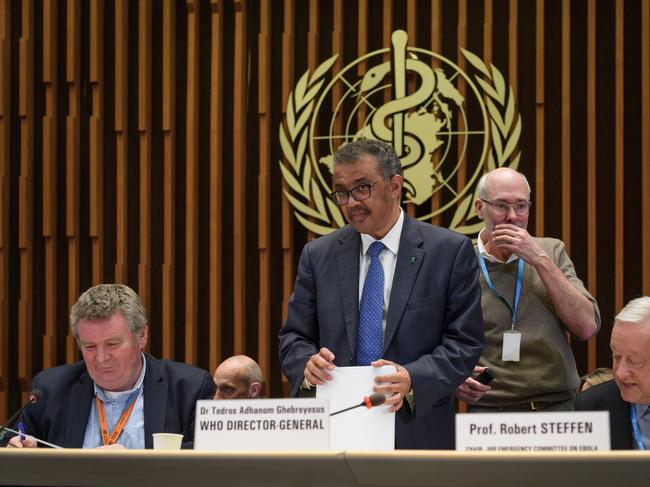 World Health Organisation Health Emergencies Programme head Michael Ryan (left), sitting alongside WHO Director-General Tedros Adhanom Ghebreyesus, a WHO staff member and WHO Chair of Emergency Committee on Ebola Robert Steffen. Picture: Fabrice Coffrini/AFP