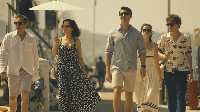 Isaacs’ on-screen family is played by (from left to right): Parker Posey, Patrick Schwarzenegger, Sarah Catherine Hook and Sam Nivola. Picture: Binge