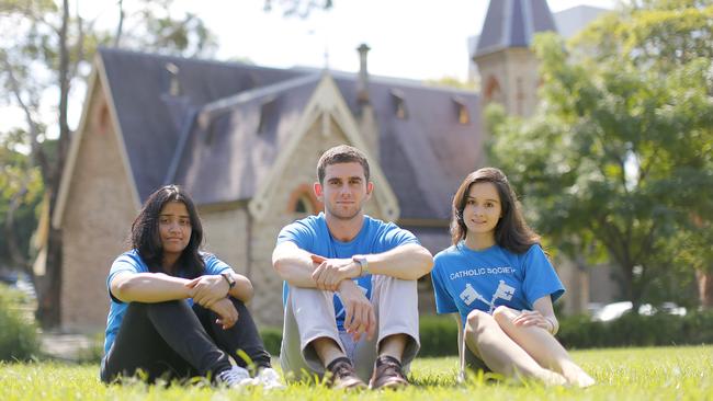 01/04/2016: Marie James, Francis Tamer & Annabel Lee are members of The Catholic Society of Sydney University. Photographed on Sydney University campus. Brad Hunter/The Australian