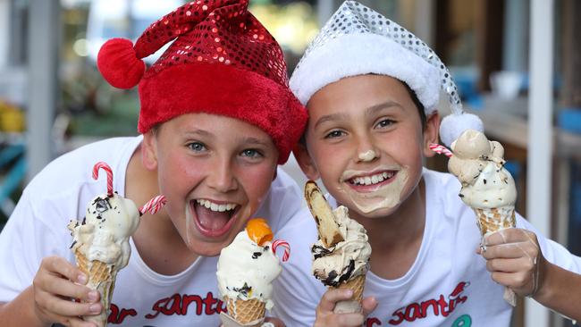 Brothers Josh Johnson 12 and Jack Johnson 11 sample My Gelato Shop’s Chrissy flavours. Picture Glenn Hampson