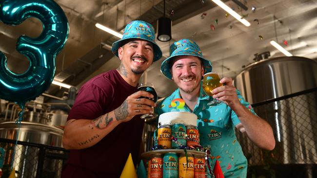 Townsville News Flash Justin Fimmel and venue manager Tim Bennie getting ready to celebrate Tiny Mountain's third birthday. Picture: Caitlan Charles