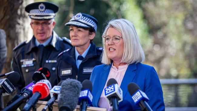 Police Minister Yasmin Catley (right, with Commissioner Karen Webb and Deputy Commissioner Mal Lanyon in the background) announces Taskforce Magnus. Picture: NCA NewsWire / Christian Gilles