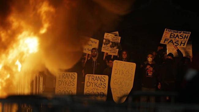 Protesters started a fire during a rally against the scheduled speaking appearance by Breitbart News editor Milo Yiannopoulos on the University of California at Berkeley campus. (Pic: AP Photo/Ben Margot)