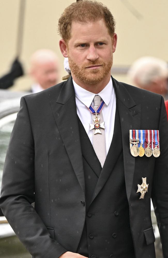 Prince Harry arrives for his father’s coronation. Picture: Getty Images