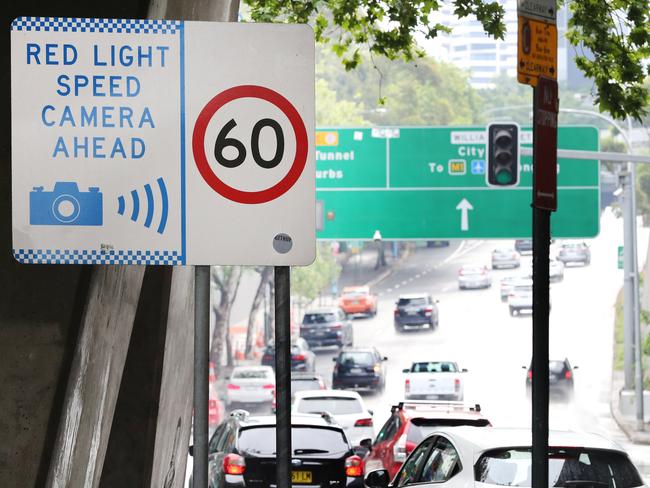 Pictured is a speed camera warning sign in Rushcutters Bay.Picture: Richard Dobson