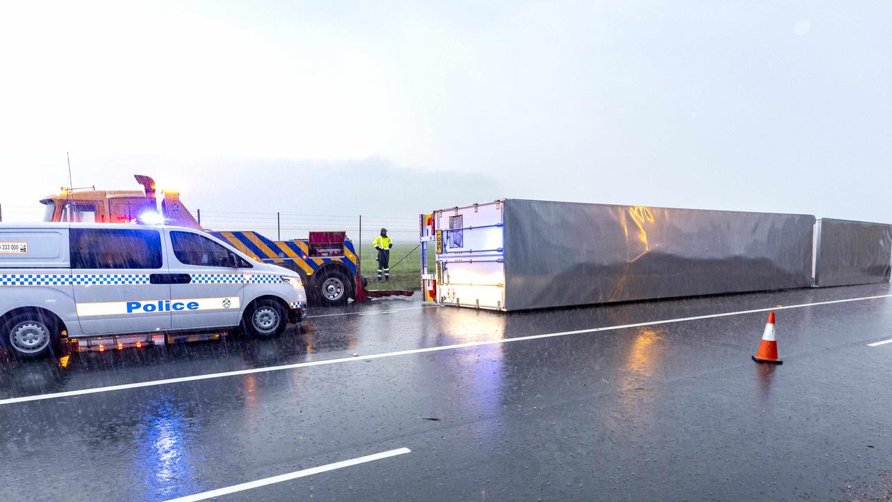 An overturned truck on Barton Street, Archerfield, where 170km/h wind gusts were recorded. Picture: Richard Walker