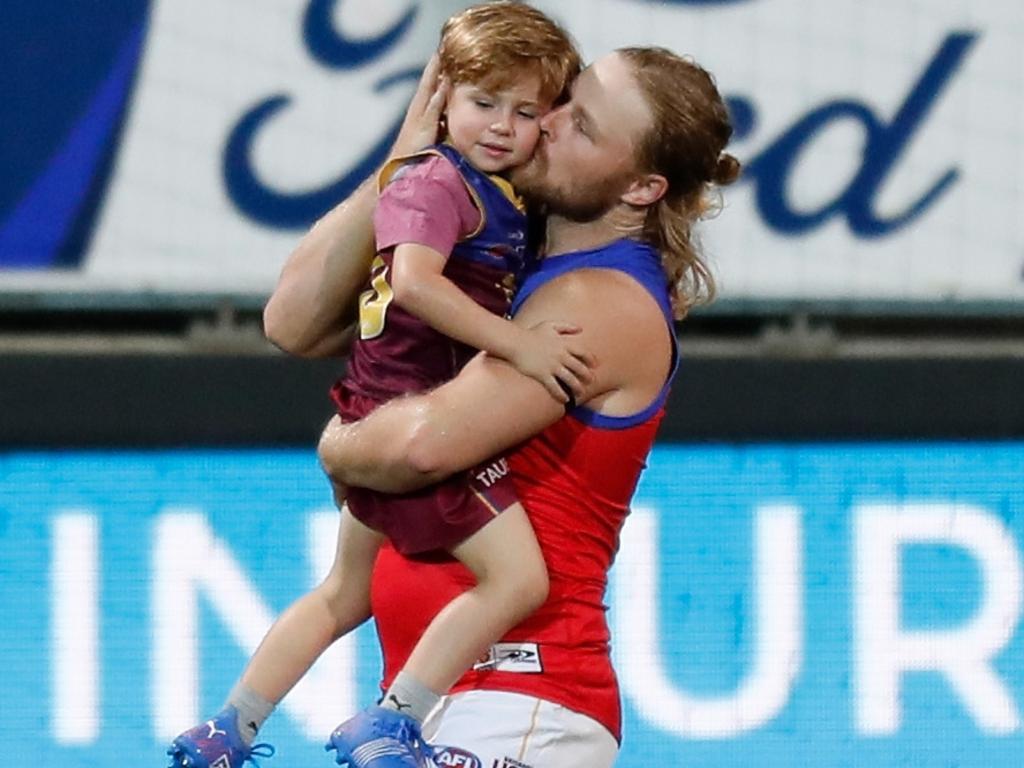 Daniel Rich marked his 250th game with son Xander before the game. Picture: AFL Photos/Getty Images