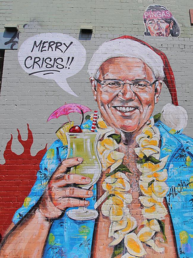 Marsh’s Merry Crisis mural of Scott Morrison, painted in late 2019 during the bushfire season. Picture: AAP