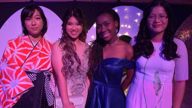 Hinata Nishimura, Trisha Cano, Thanh Huynh and Lukundo Nawale at the Mackay State High School formal at the MECC, on Wednesday November 18. Picture: Zizi Averill