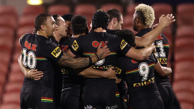 SYDNEY, AUSTRALIA - JULY 02:  The Panthers celebrate winning the round 16 NRL match between the Penrith Panthers and the Parramatta Eels at BlueBet Stadium on July 02, 2021, in Sydney, Australia. (Photo by Mark Kolbe/Getty Images)