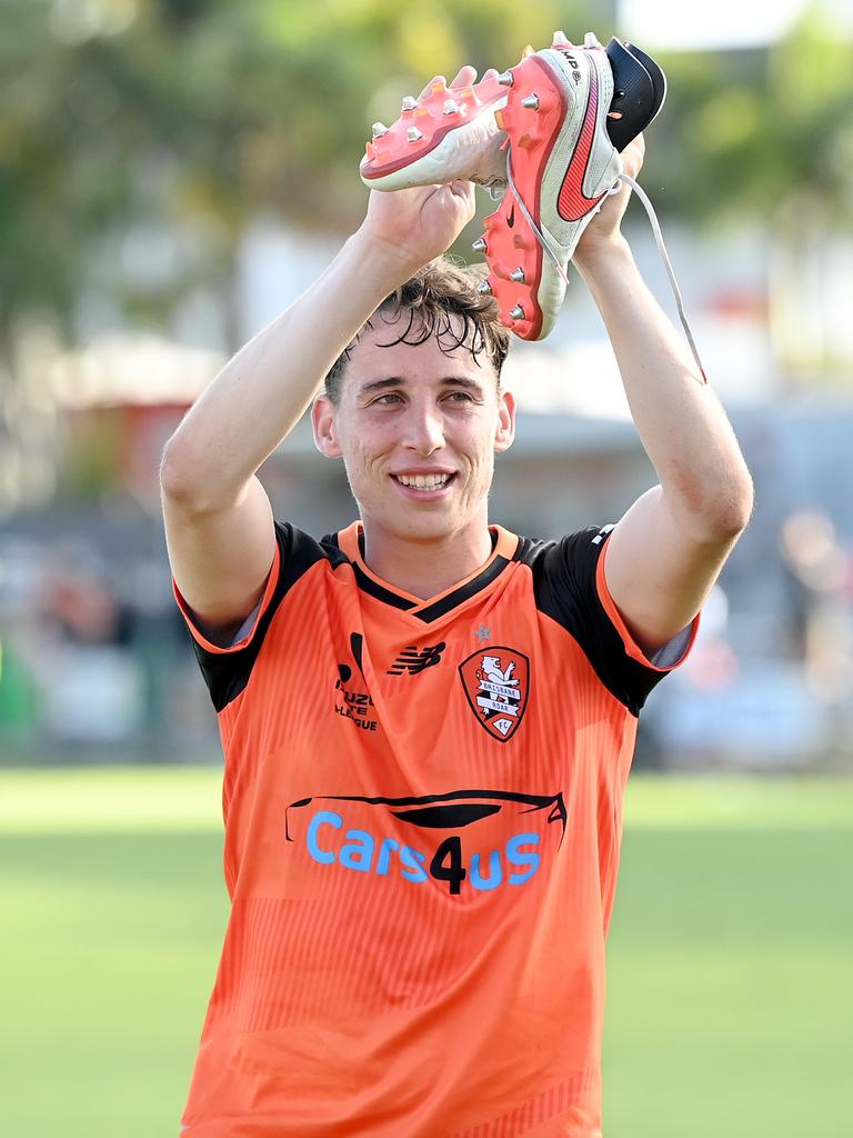 Kai Trewin celebrates the Roar’s win over Sydney FC. Picture: Bradley Kanaris/Getty Images