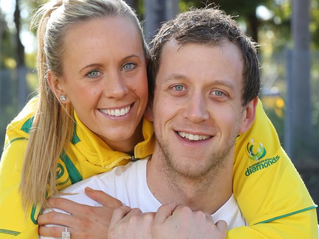 Joe Ingles (Boomers and NBA Utah Jazz basketballer) with fiancee Renae Hallinan (Australian Diamonds netballer and Adelaide Thunderbirds captain ) at Olympic Park. Photo: Bob Barker.