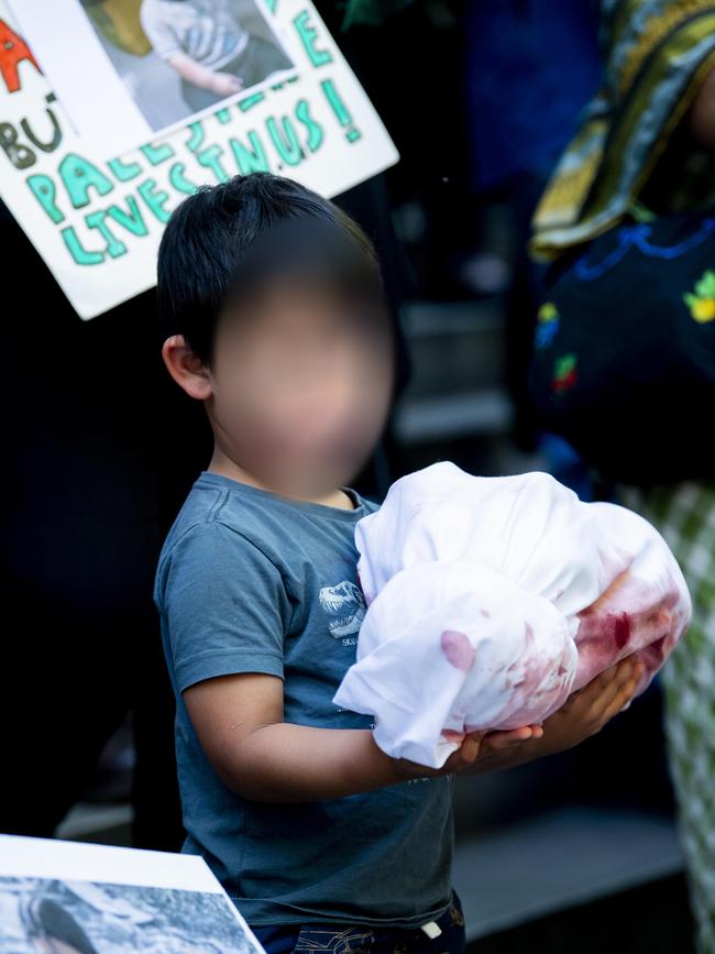 A young boy holds the representation of a dead baby’s body during the Rally for Palestine on the steps Of Parliament House Sunday, November 5. Picture Mark Brake