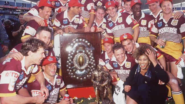 Tina Turner with the Broncos after their 1993 Grand Final win. (Colin Whelan © Action Photographics)