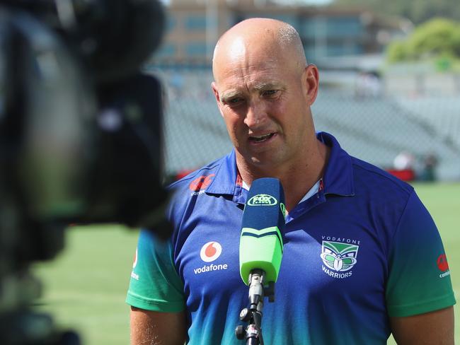 GOSFORD, AUSTRALIA - MARCH 13: Nathan Brown coach of the Warriors is interviewed during the round one NRL match between the New Zealand Warriors and the Gold Coast Titans at Central Coast Stadium, on March 13, 2021, in Gosford, Australia. (Photo by Ashley Feder/Getty Images)