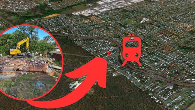 The Beenleigh to Gold Coast train line as it snakes its way through Woodridge and Trinder Park, where more houses will be demolished in Laurel St, Acacia Rd and Patrica Ave.