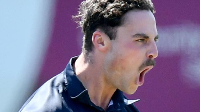 Lewis Eldridge of Yarraville celebrates taking a wicket during the Victorian Sub-District Cricket Association match between Yarraville and Oakleigh at Yarraville Oval, on October 12, 2024, in Melbourne, Australia. (Photo by Josh Chadwick)