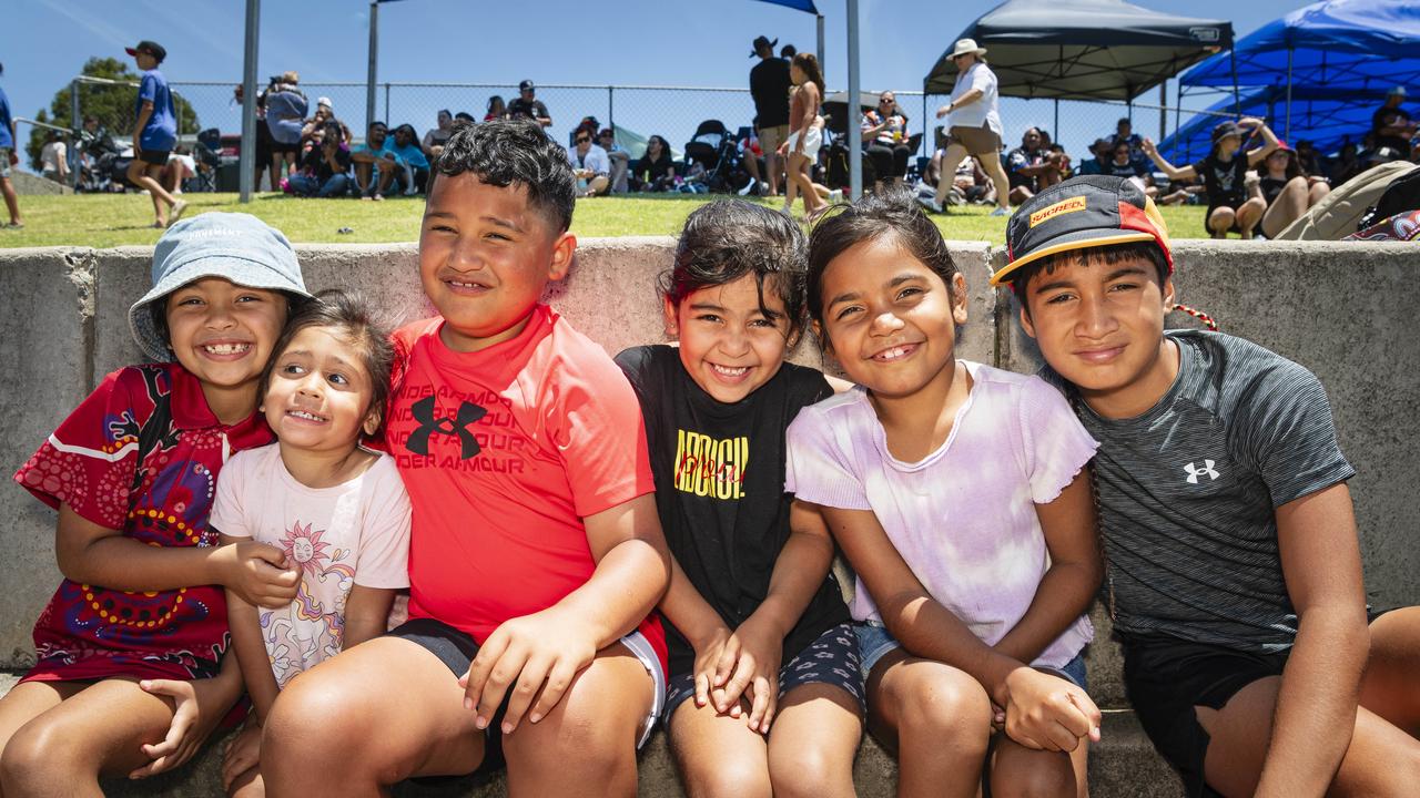 At the Warriors Reconciliation Carnival are (from left) Khelhani Weatherall, Dhilala McCarthy, Gabriel Jackson, Kheleya Weatherall, Marley-Jean McCarthy and Isaiah Jackson at Jack Martin Centre, Saturday, January 25, 2025. Picture: Kevin Farmer