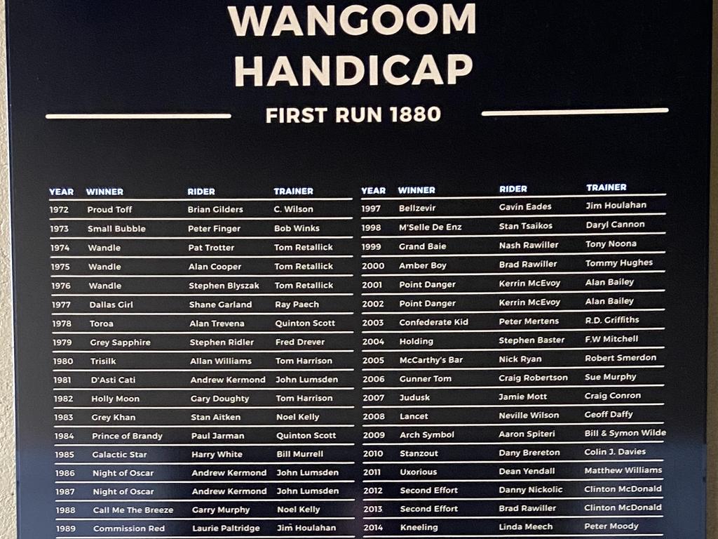 Honour boards for Wangoom Handicap and Grand Annual Steeplechase.