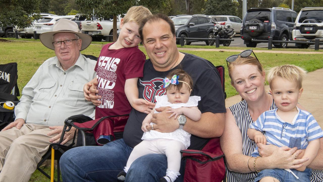 ( From left ) Mick McAtee with Damon, Aaron, Marissa, Tegan and Ethan Green. Brett Forte Super 10s Memorial Rugby Challenge. QPS vs The Army. Saturday, August 14, 2021. Picture: Nev Madsen.