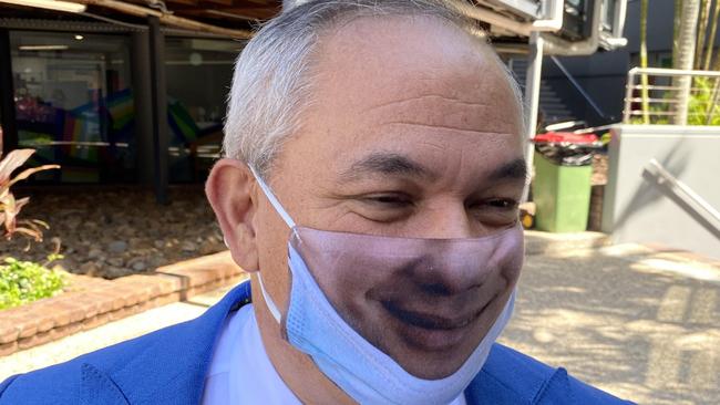 Gold Coast Mayor Tom Tate wearing his bespoke Covid mask. Picture: Andrew Potts