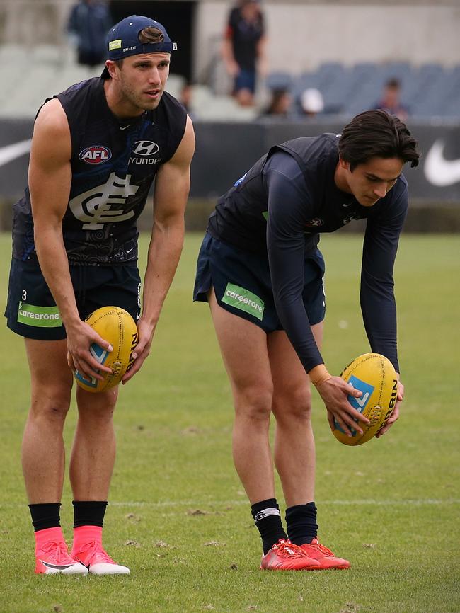 Carlton skipper Marc Murphy and Zac Fisher kicking for goal at training. Picture: Wayne Ludbey