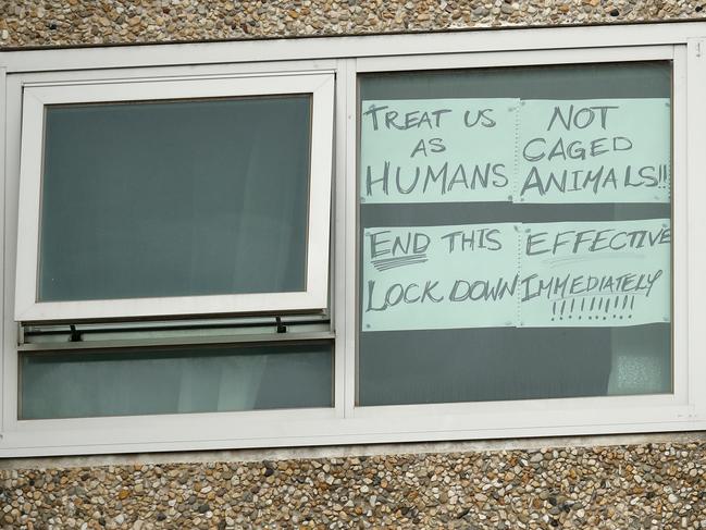 A sign in the window of the Flemington towers. Picture: Getty Images