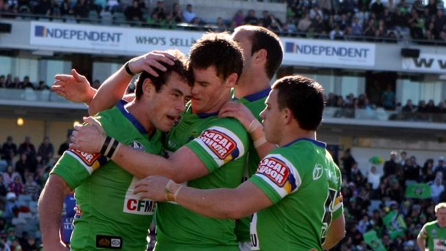 Terry Campese scores a try during Canberra Raiders v Newcastle Knights NRL match at Canberra Stadium in Canberra.