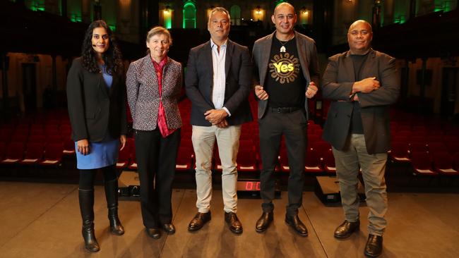 Shireen Morris, left, Anne Twomey, Stan Grant, Thomas Mayo, and Shane Phillips at the Sydney Town Hall for a City of Sydney voice forum. Picture: John Feder