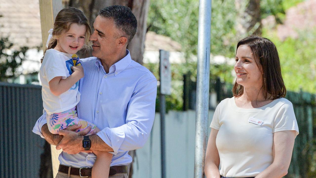 Premier Peter Malinauskas enjoying the Dunstan Adventure Playground in St Peters on Saturday with his daughter Eliza and Dunstan candidate Cressida O'Hanlon. It has reopened after an upgrade. Picture: Brenton Edwards