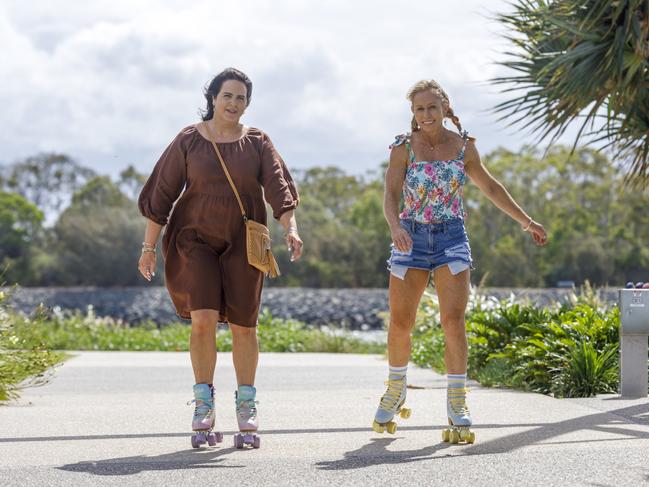 Tracey Rose and Melanie Hall skating in Gladstone. Picture: William Debois