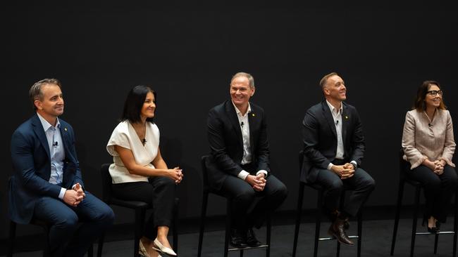 From left: CBA CEO Matt Comyn with executives Vicky Ledda, Mike Vacy-Lyle, Angus Sullivan, and Rebecca Warren at the bank’s Reimagining Banking briefing.