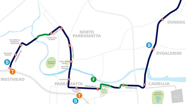 The sections of green track on the Parramatta Light Rail Stage 1 project.