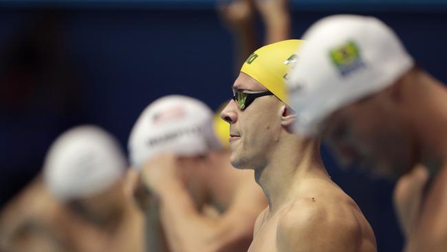 Australia's Mitch Larkin prepares to start in his men's 50m backstroke heat at the World Swimming Championships in Gwangju, South Korea, Saturday, July 27, 2019. (AP Photo/Mark Schiefelbein)