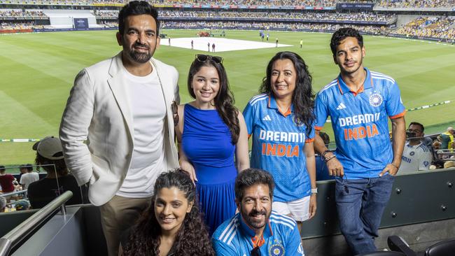 Zaheer Khan, Sara Tendulkar,Mini Mathur, Ishaan Khatter (back) with Saiyami Kher and Kabir Khan at the first day of the test between Australia and India at the Gabba. Picture: Richard Walker