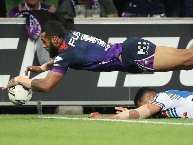 MELBOURNE, AUSTRALIA - APRIL 25:  Josh Addo-Carr of the Melbourne Storm scores a try during the round eight NRL match between the Melbourne Storm and New Zealand Warriors at AAMI Park on April 25, 2018 in Melbourne, Australia.  (Photo by Scott Barbour/Getty Images)