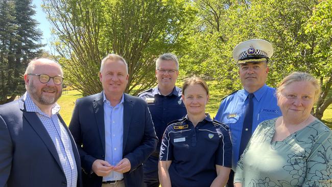 Department of Health hospitals and primary care deputy secretary Dale Webster, Premier Jeremy Rockliff, Ambulance Tasmania North-West operations director Ky Wittich, Ambulance Tasmania intergrated care manager Emily Byers, Tasmania Police Western District Commander Stuart Wilkinson and Mental Health Lived Experience Tasmania consumer representative Louise Hollingbery. Picture: Simon McGuire.