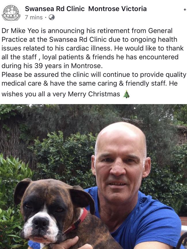 Swansea Road Clinic told its patients on Facebook Dr Mike Yeo was retiring because of bad heart health, after he had in fact been stripped of his medical registration.