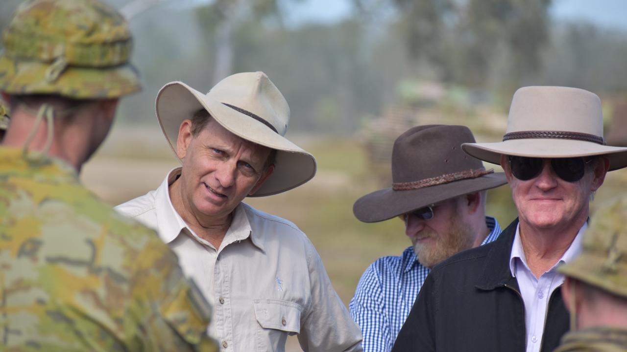 Rockhampton mayor Tony Williams, Advance Rockhampton executive manager Greg Bowden, and Livingstone mayor Andy Ireland at the Shoalwater Bay Training Area for Exercise Diamond Walk 2021.