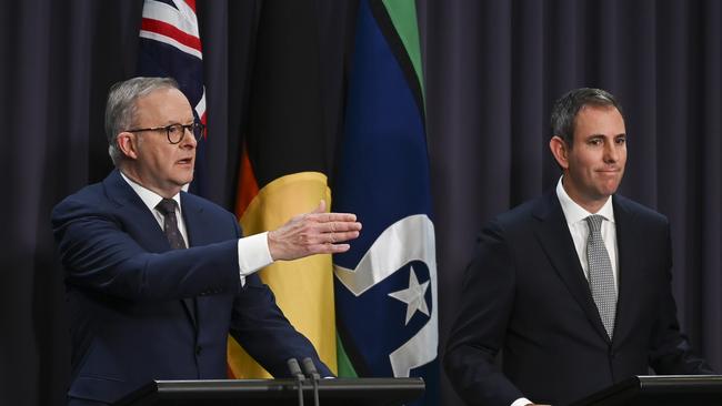 The Prime Minister, Anthony Albanese and Treasurer, Jim Chalmers hold a press conference announcing Michele Bullock AS the Next Reserve Bank of Australia Governor at Parliament House in Canberra. Picture: NCA NewsWire / Martin Ollman