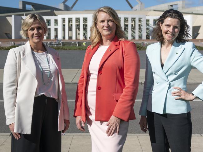 WARNING: Do not use images without permission from Wentworth Courier editor tim.mcintyre@news.com.au Exclusive photos for Wentworth Courier. , , Zali Steggall, Kylea Tink and Allegra Spender MPs on the lawn outside at parliament house Canberra. Photographed on November 10th 2022, , Photos by Martin Ollman