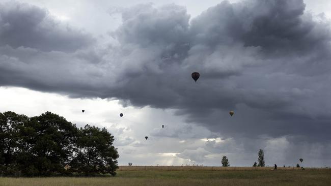 After weeks of waiting, artist Patricia Piccinini’s hot air balloon sculpture Skywhalepapa, along with the iconic Skywhale, took to the skies over the bush capital, Canberra. Picture: NCA NewsWire/Gary Ramage