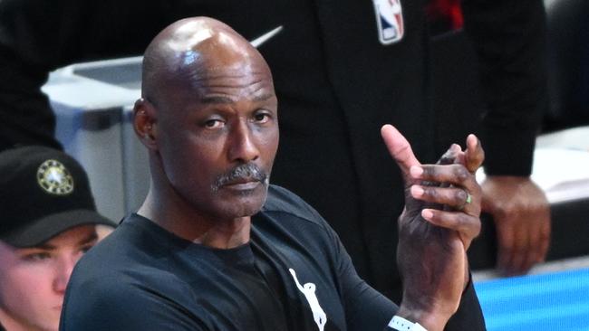 Former US basketball player Karl Malone attends the NBA All-Star Weekend in Salt Lake City, Utah, February 18, 2023. (Photo by Patrick T. Fallon / AFP)