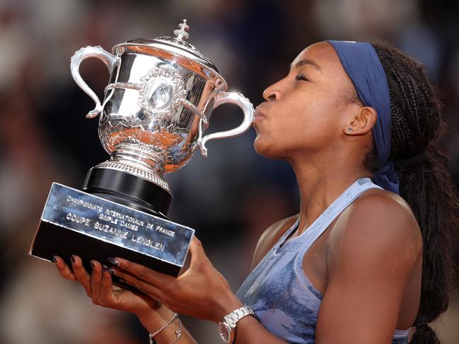 Coco Gauff celebrates her French Open title. Picture: Julian Finney/Getty Images