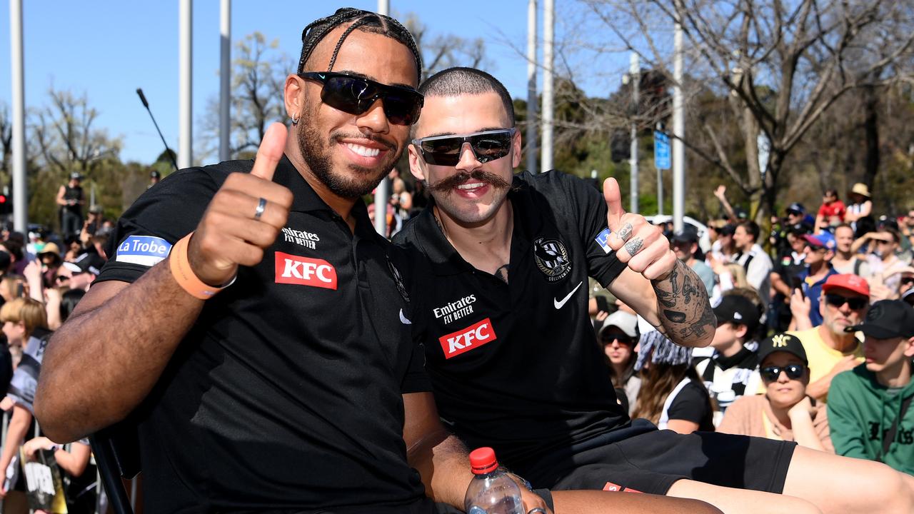 Magpies Isaac Quaynor and Oleg Markov. Picture: Quinn Rooney/Getty Images